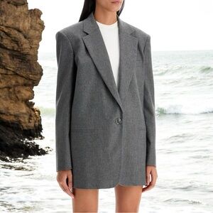 Vintage Wool Blend Boxy Oversized Structured Shoulder Longline Blazer Charcoal